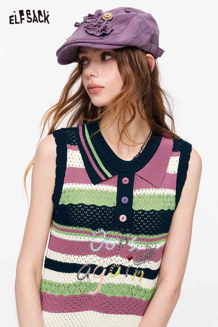 ELFSACK Striped Knit Polo Collar A-Line Midi Dress