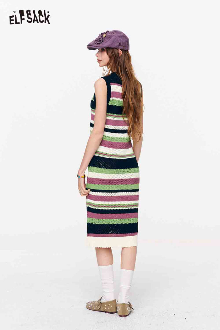 ELFSACK Striped Knit Polo Collar A-Line Midi Dress