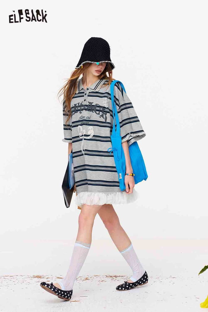 ELFSACK Striped Lace Bow Print Polo Dress