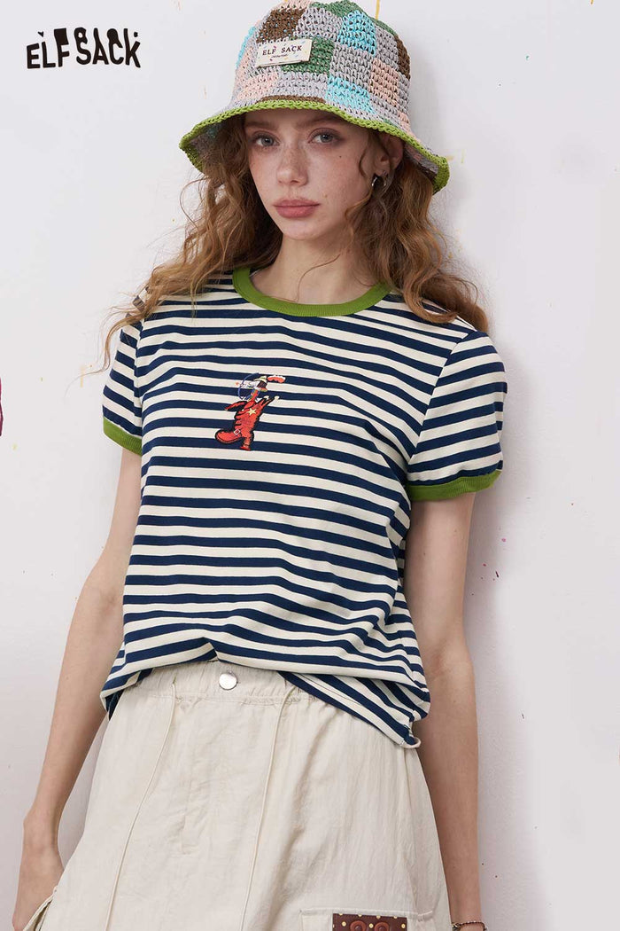 ELFSACK Striped Ringer T Shirt with Cartoon Embroidery
