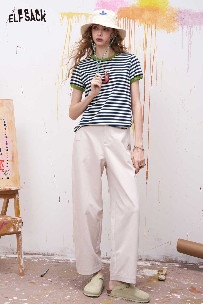 ELFSACK Striped Ringer T Shirt with Cartoon Embroidery