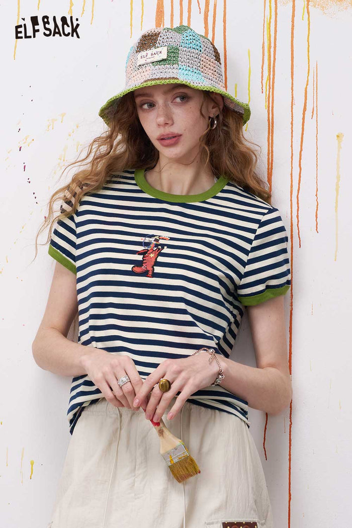 ELFSACK Striped Ringer T Shirt with Cartoon Embroidery