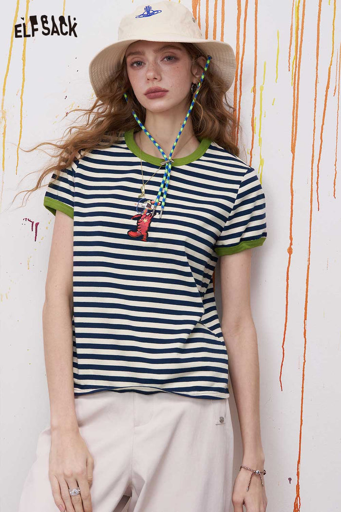 ELFSACK Striped Ringer T Shirt with Cartoon Embroidery