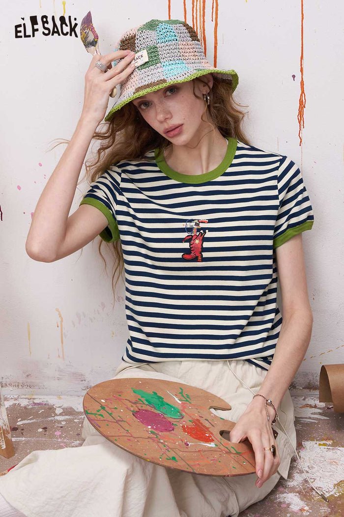 ELFSACK Striped Ringer T Shirt with Cartoon Embroidery