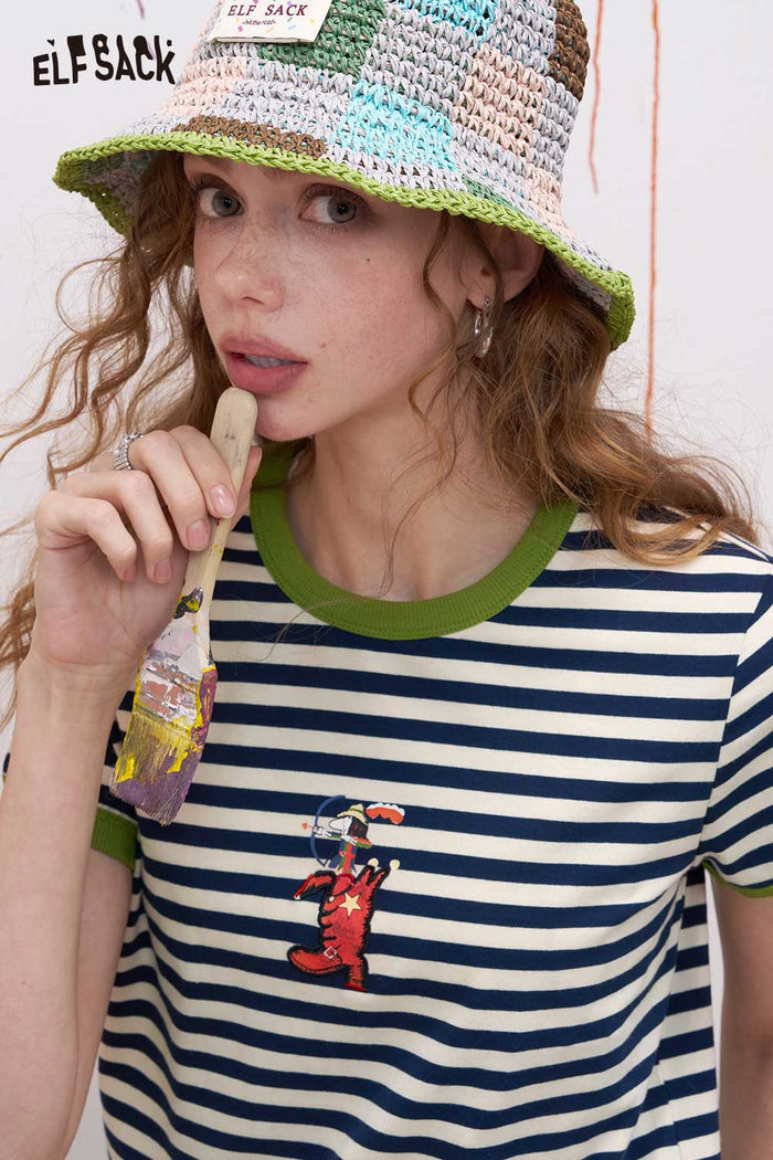 ELFSACK Striped Ringer T Shirt with Cartoon Embroidery