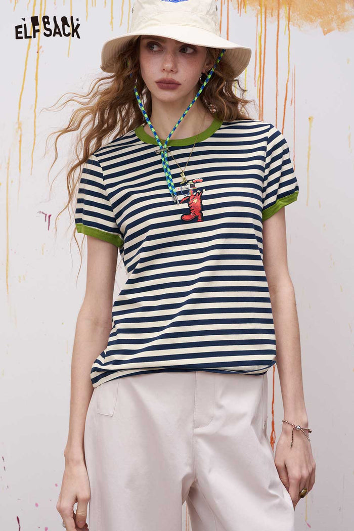 ELFSACK Striped Ringer T Shirt with Cartoon Embroidery