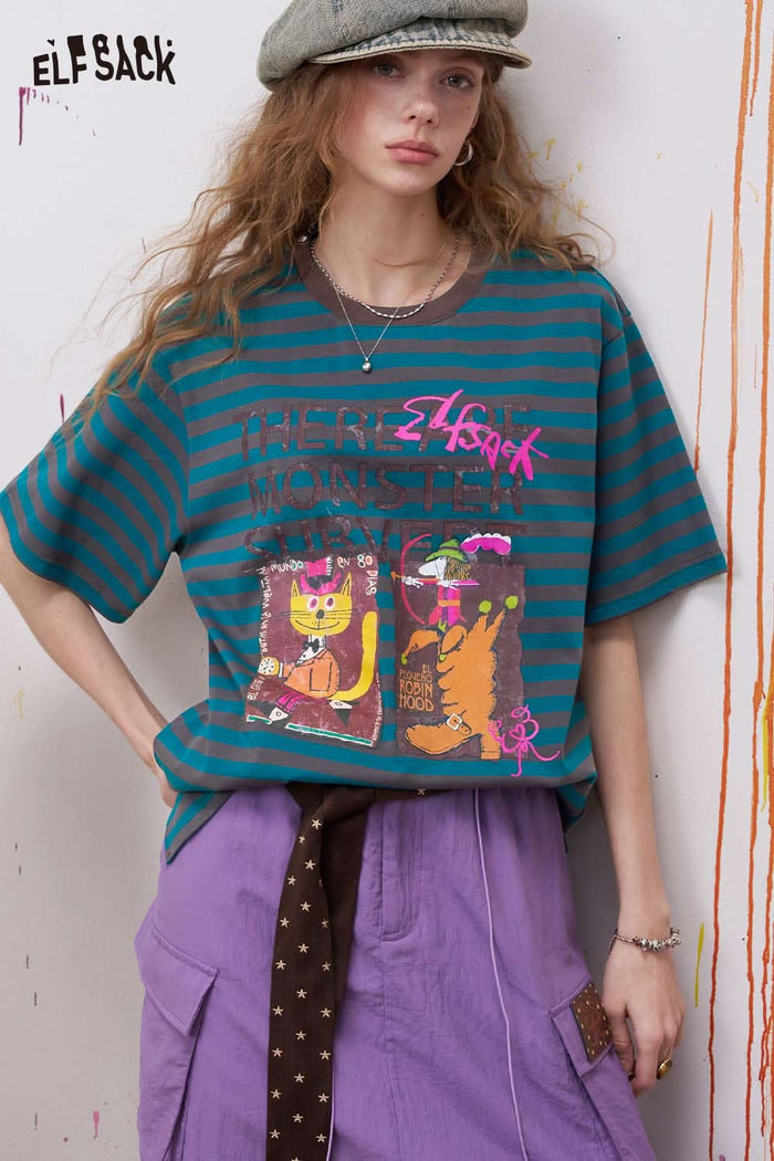 ELFSACK Striped Short Sleeve T Shirt with Retro Print