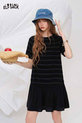 ELFSACK Striped Textured Ruffle Hem Midi Dress