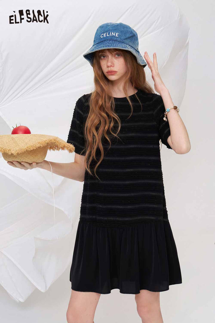 ELFSACK Striped Textured Ruffle Hem Midi Dress