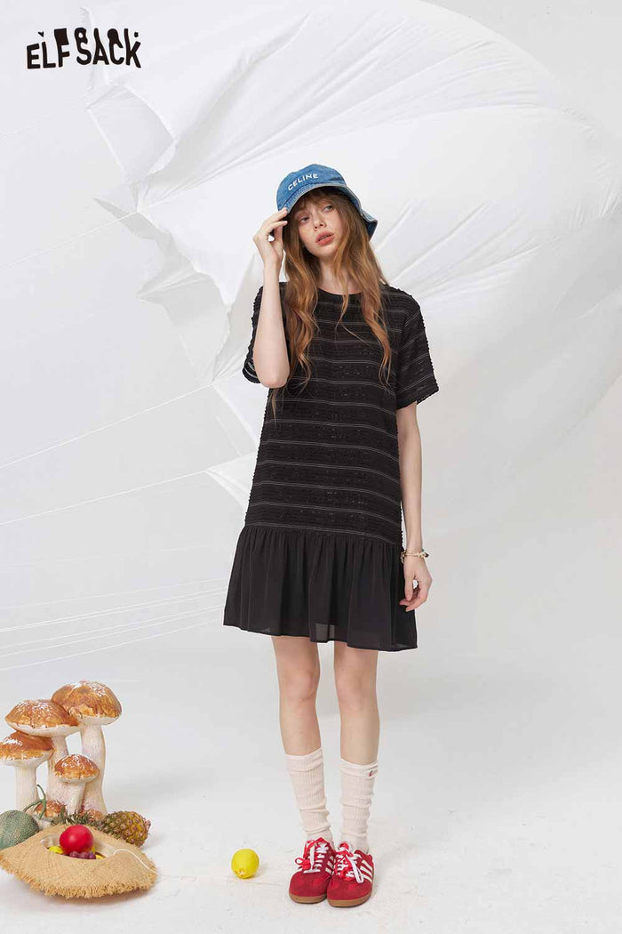 ELFSACK Striped Textured Ruffle Hem Midi Dress