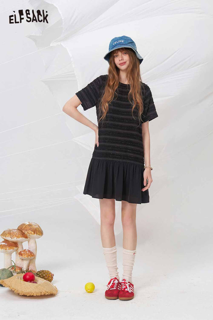 ELFSACK Striped Textured Ruffle Hem Midi Dress