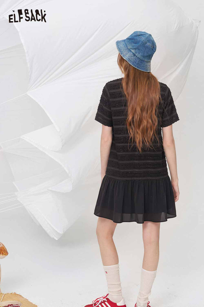 ELFSACK Striped Textured Ruffle Hem Midi Dress