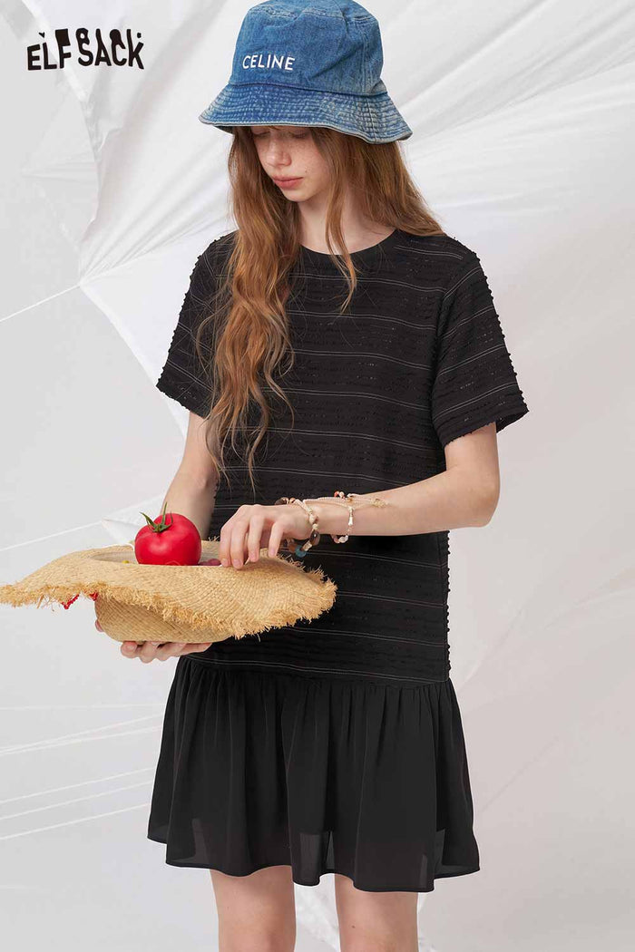 ELFSACK Striped Textured Ruffle Hem Midi Dress