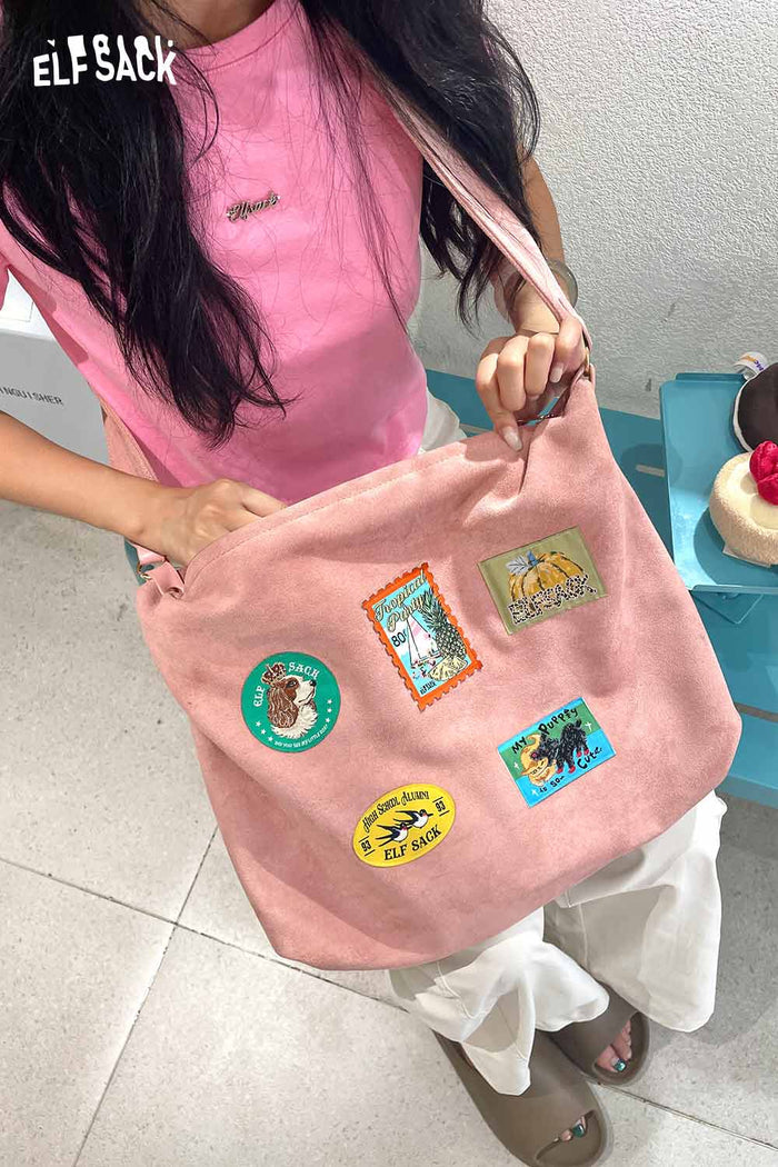 ELFSACK Suede Animal Stamp Embroidery Cute Tote Bag