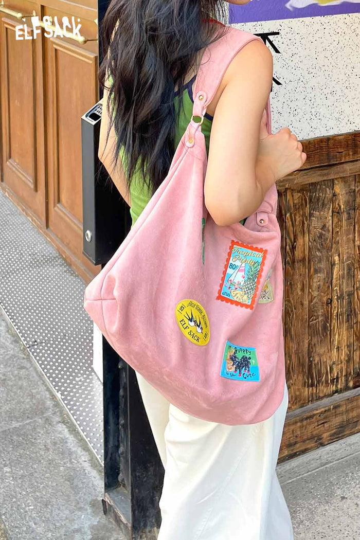 ELFSACK Suede Animal Stamp Embroidery Cute Tote Bag