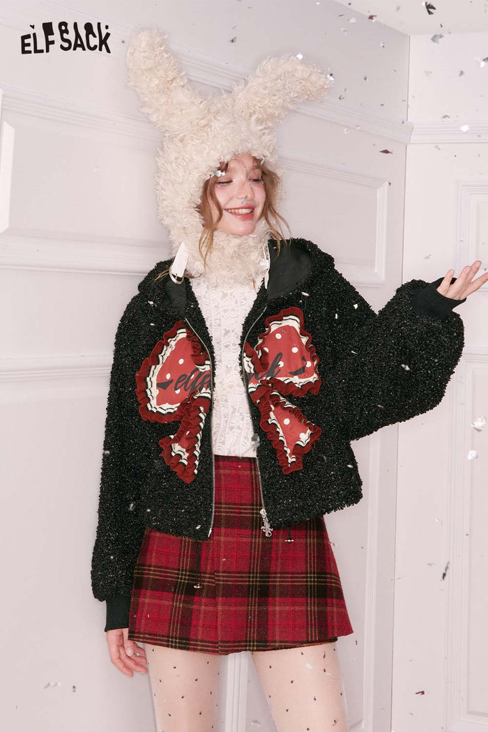 ELFSACK Sweet 3D Bow Glitter Hooded Short Plush Jacket