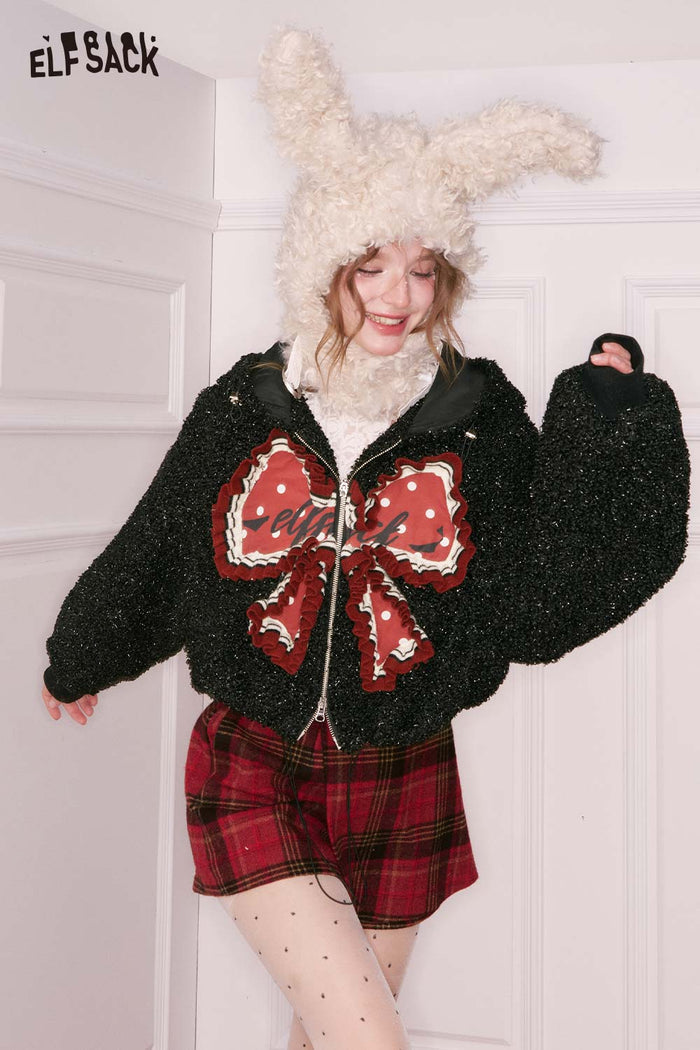 ELFSACK Sweet 3D Bow Glitter Hooded Short Plush Jacket