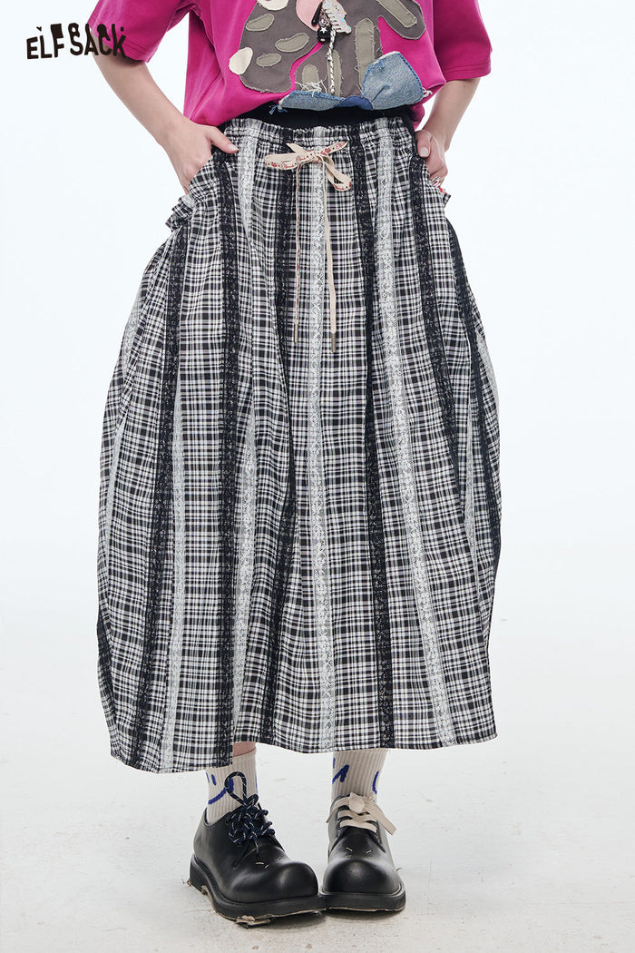 ELFSACK Sweet Bow Pleated Plaid Skirt Women Lace Stitching Loose Long Skirt