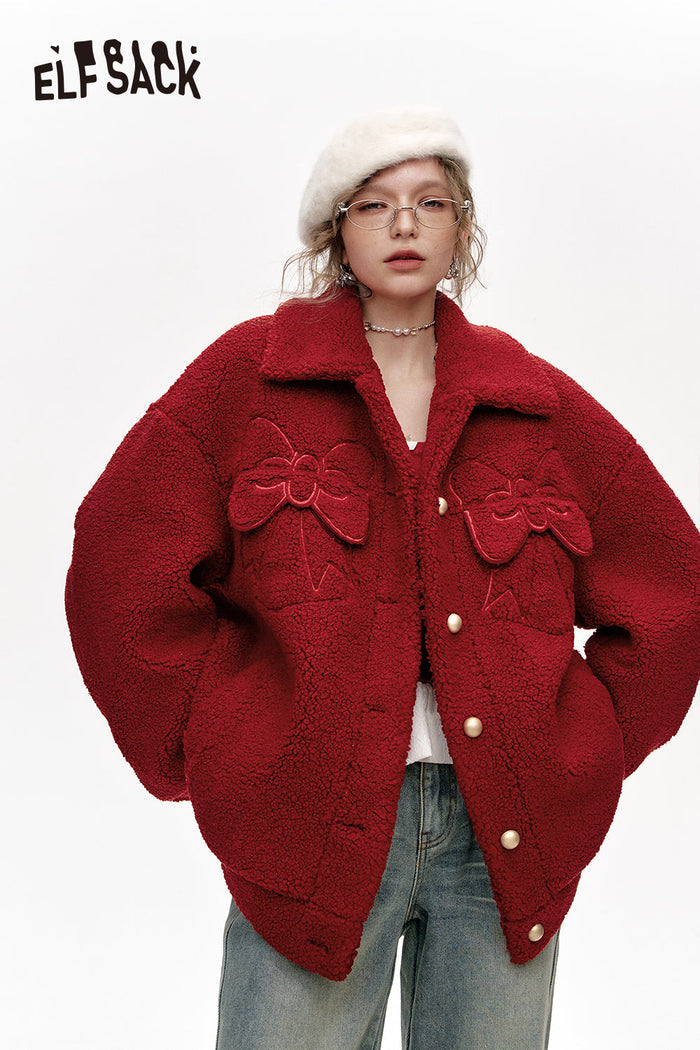 ELFSACK Sweet bow plush red lapel thick coat