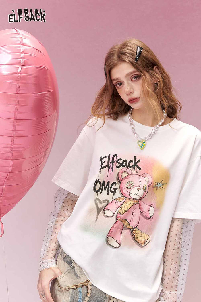 ELFSACK Sweet Cool Bear Print Polka Dot Lace Long Sleeve T-Shirt