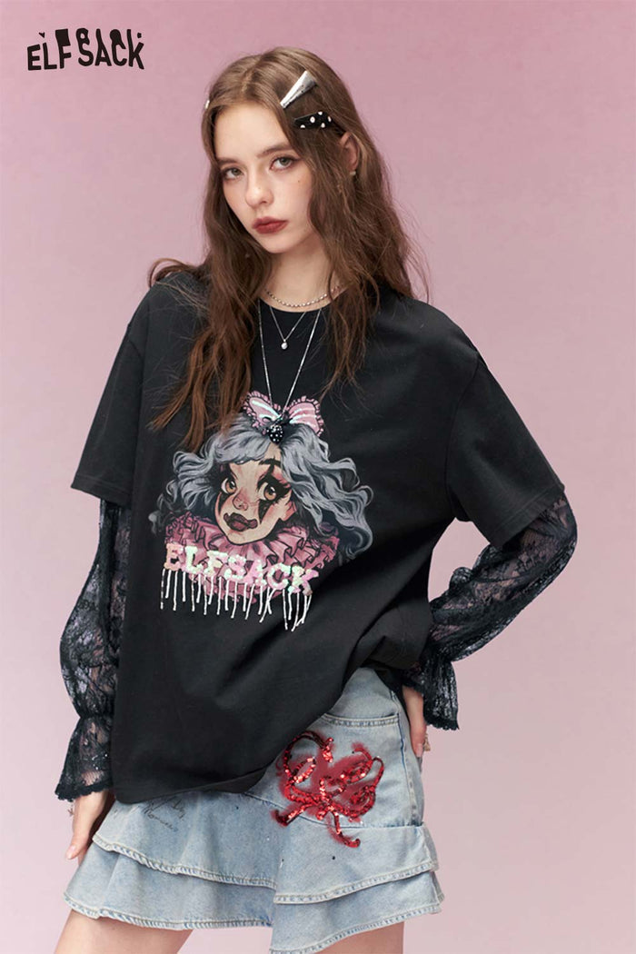 ELFSACK Sweet Cool Clown Girl Print Lace Insert Two Tone Tshirt