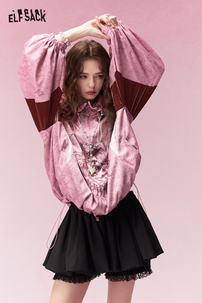 ELFSACK Sweet Cool Clown Girl Print Ruffle Hooded Jacket