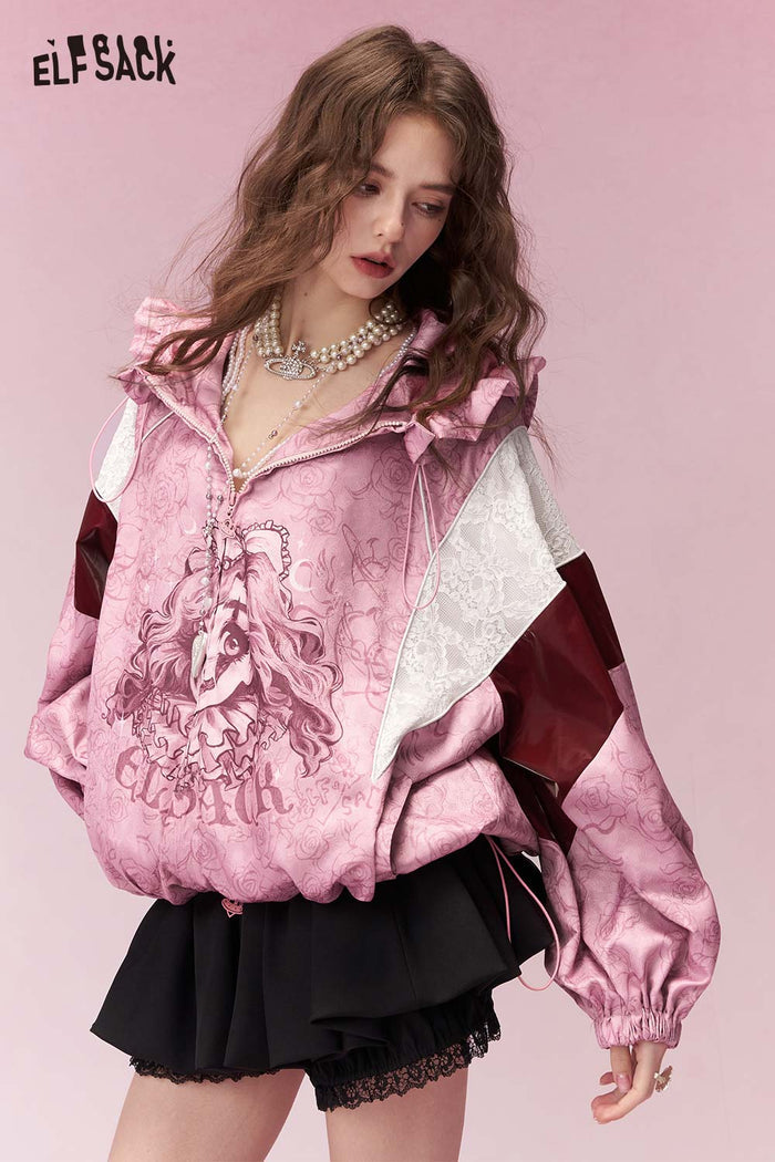 ELFSACK Sweet Cool Clown Girl Print Ruffle Hooded Jacket