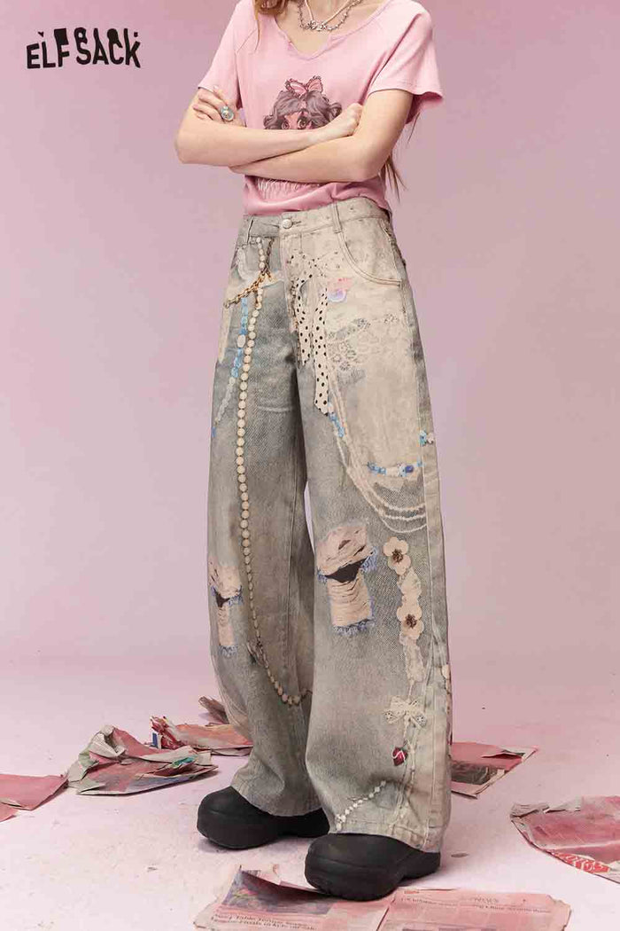ELFSACK Sweet Cool Distressed Print Lace Insert Wide Leg Jeans