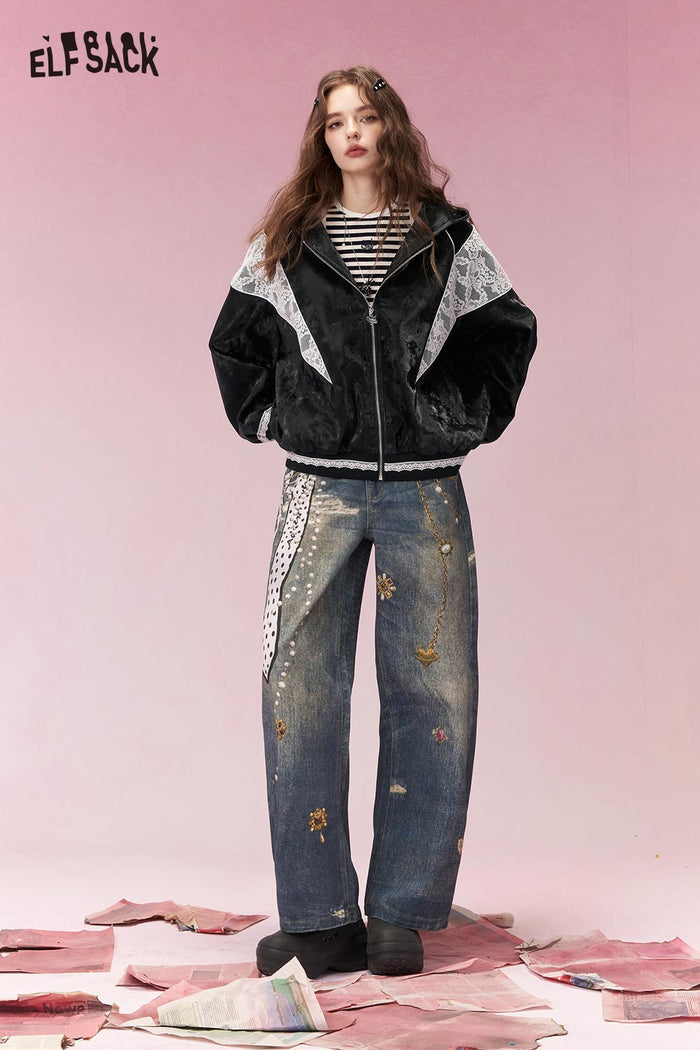 ELFSACK Sweet Cool Lace Insert Lace Hem Cropped Jacket