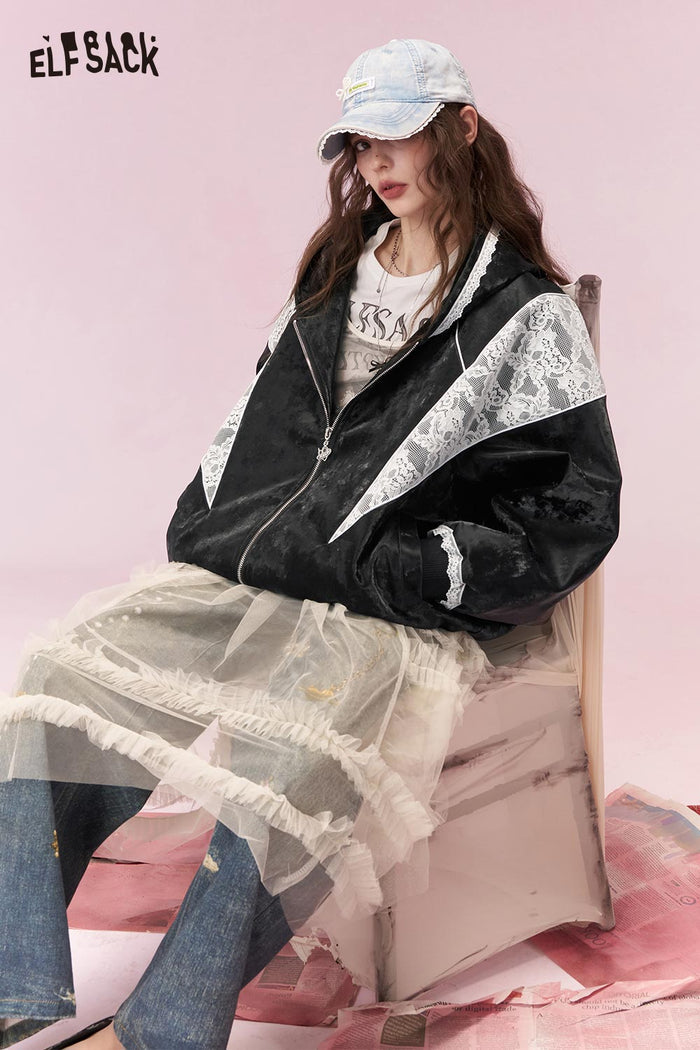 ELFSACK Sweet Cool Lace Insert Lace Hem Cropped Jacket