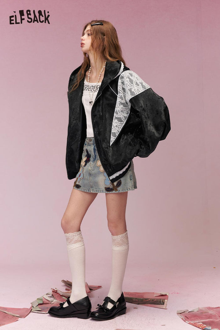 ELFSACK Sweet Cool Lace Insert Lace Hem Cropped Jacket
