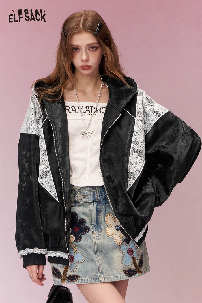 ELFSACK Sweet Cool Lace Insert Lace Hem Cropped Jacket