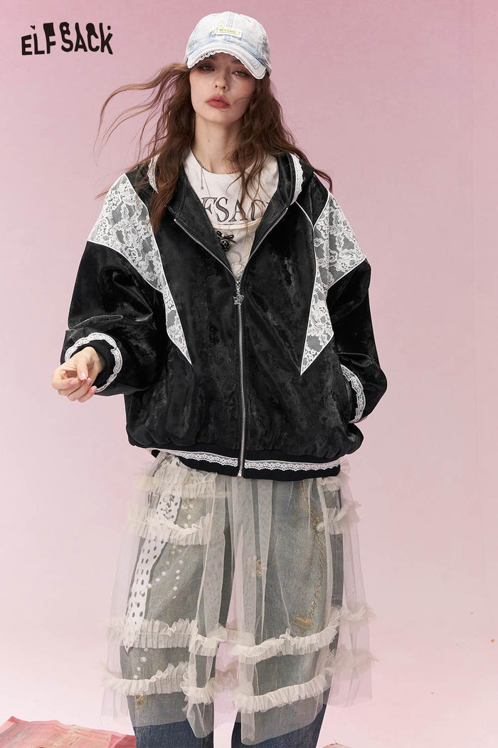 ELFSACK Sweet Cool Lace Insert Lace Hem Cropped Jacket
