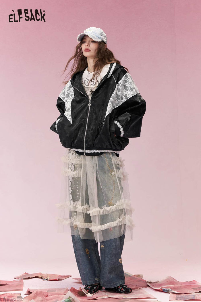 ELFSACK Sweet Cool Lace Insert Lace Hem Cropped Jacket
