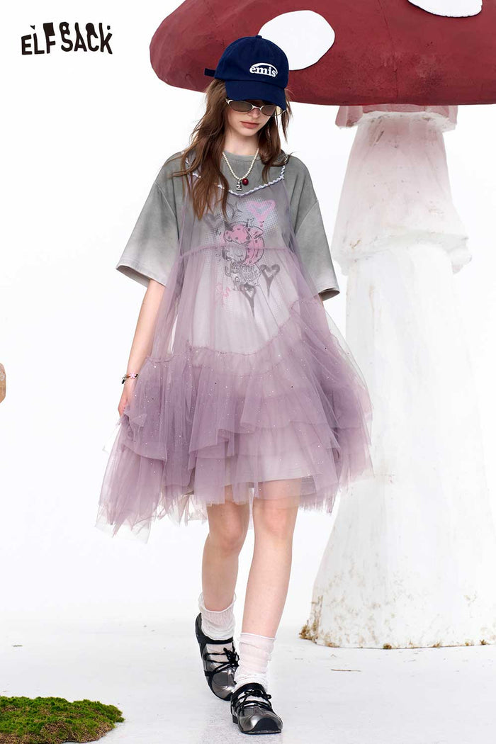 ELFSACK Sweet Cool Mesh Layered Tulle Dress