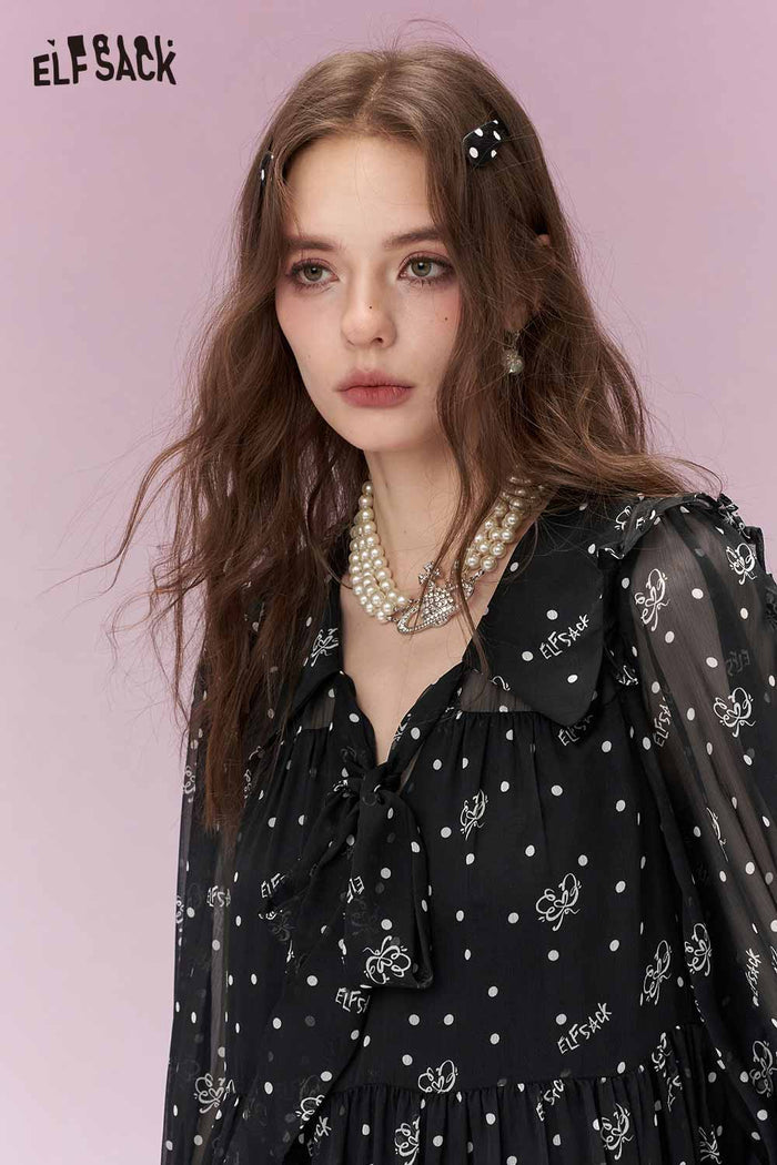 ELFSACK Sweet Cool Polka Dot Print Tiered Chiffon Dress