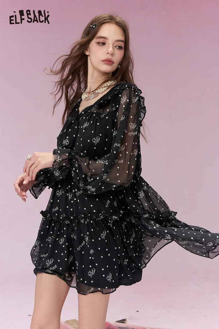 ELFSACK Sweet Cool Polka Dot Print Tiered Chiffon Dress