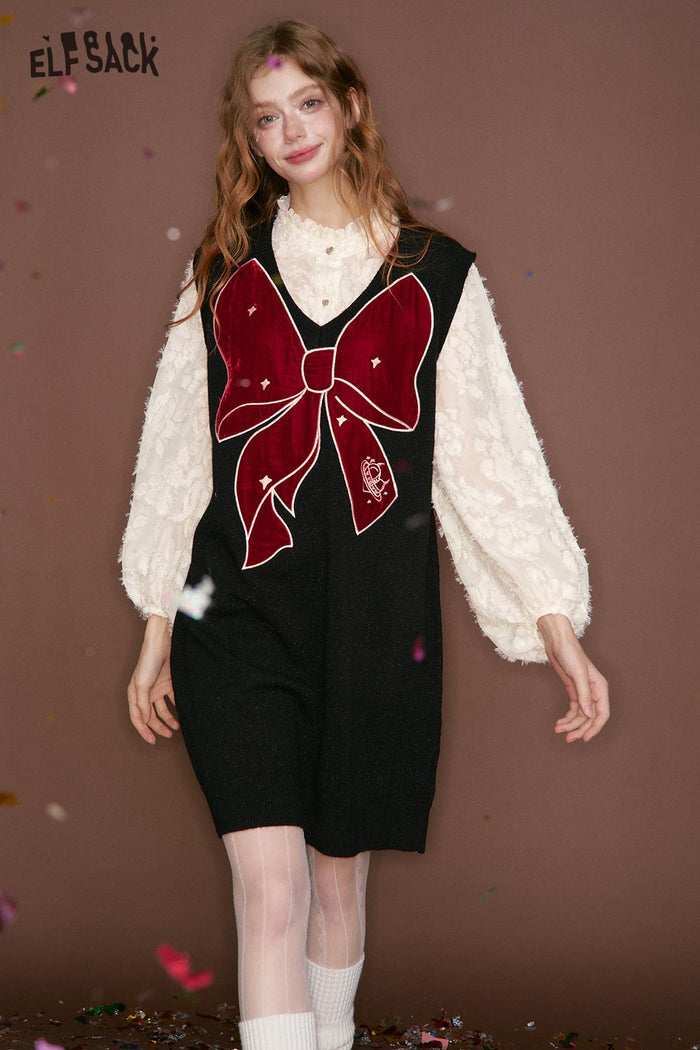 ELFSACK Sweet Fake Two Piece Chiffon Shirt Bow Straight Vest Dress