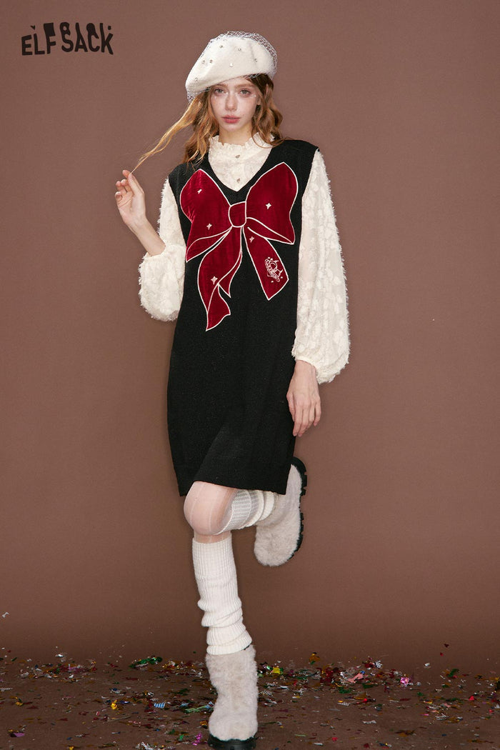 ELFSACK Sweet Fake Two Piece Chiffon Shirt Bow Straight Vest Dress