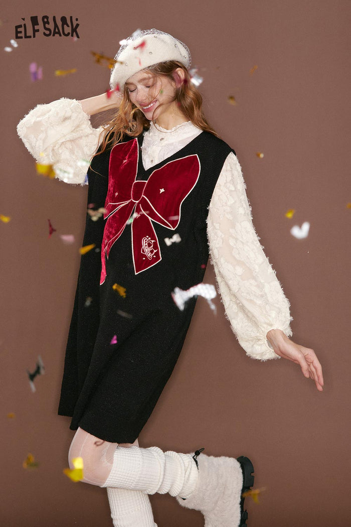ELFSACK Sweet Fake Two Piece Chiffon Shirt Bow Straight Vest Dress
