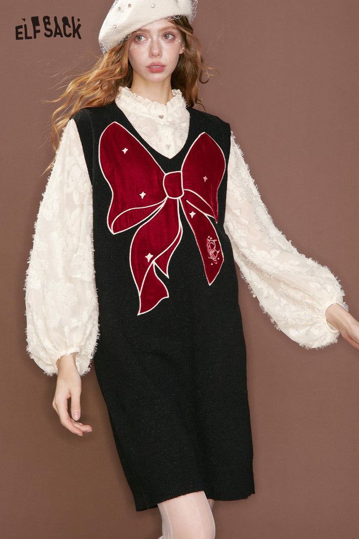 ELFSACK Sweet Fake Two Piece Chiffon Shirt Bow Straight Vest Dress
