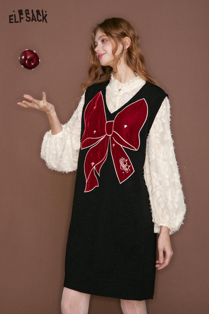 ELFSACK Sweet Fake Two Piece Chiffon Shirt Bow Straight Vest Dress