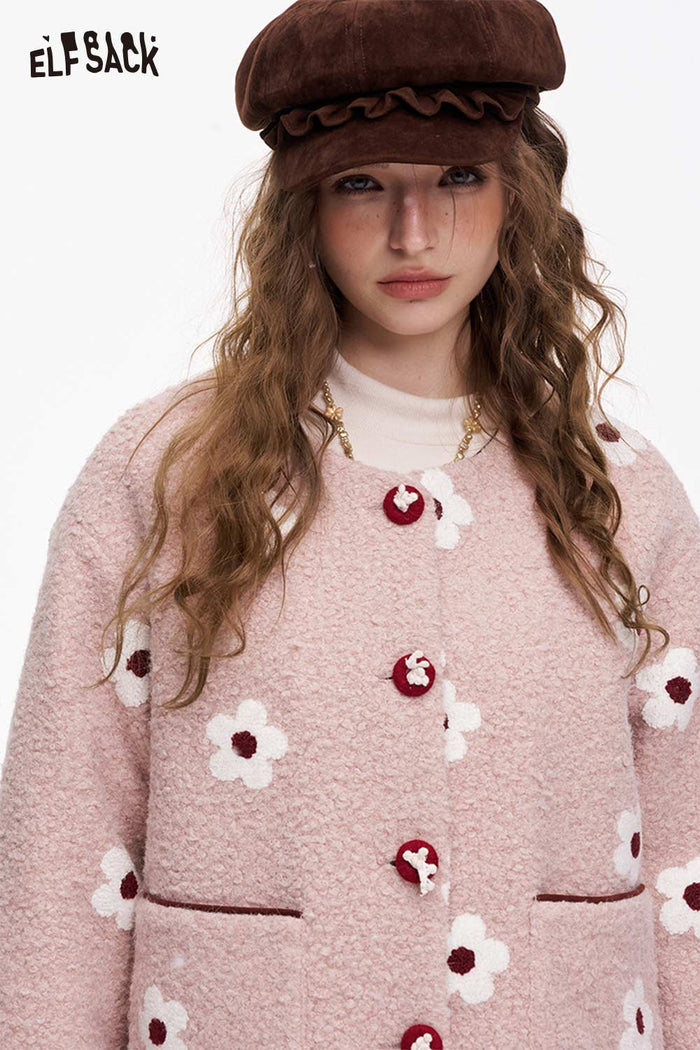 ELFSACK Sweet Girly Floral Graphic Button Cotton Coat