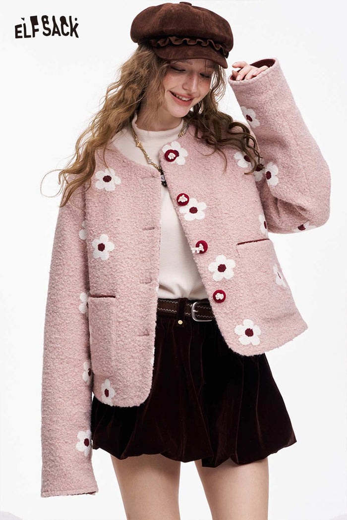 ELFSACK Sweet Girly Floral Graphic Button Cotton Coat