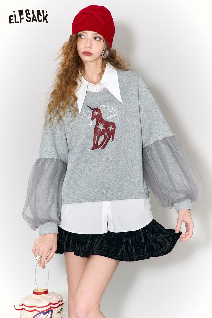 ELFSACK Sweet Graphic Fake Two Piece Mesh Pearl Cotton Pullover