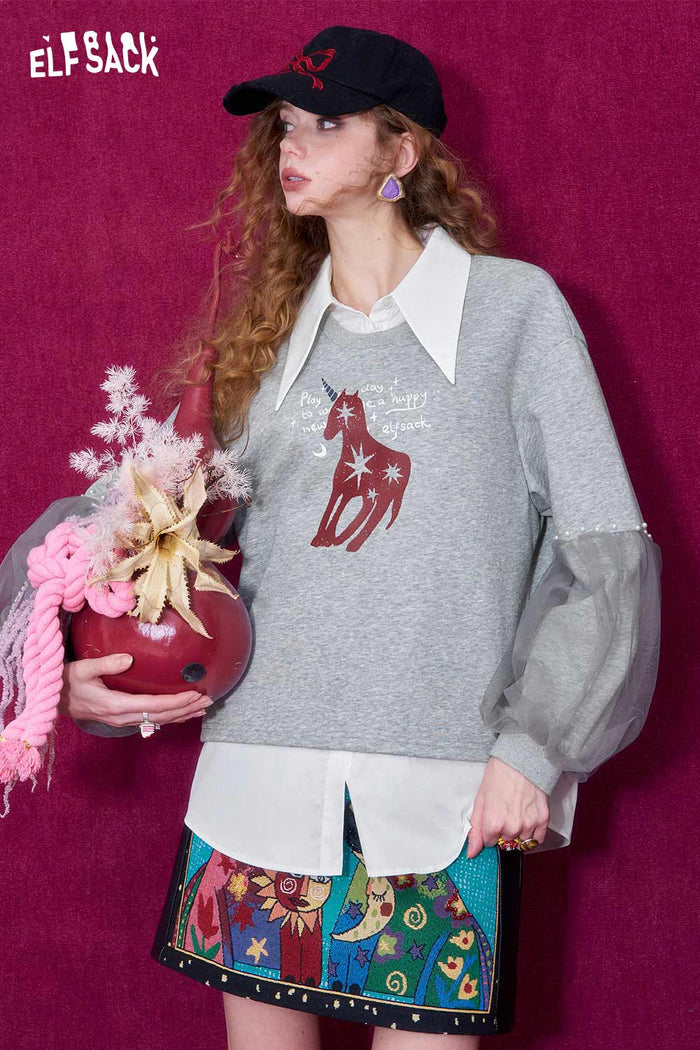ELFSACK Sweet Graphic Fake Two Piece Mesh Pearl Cotton Pullover