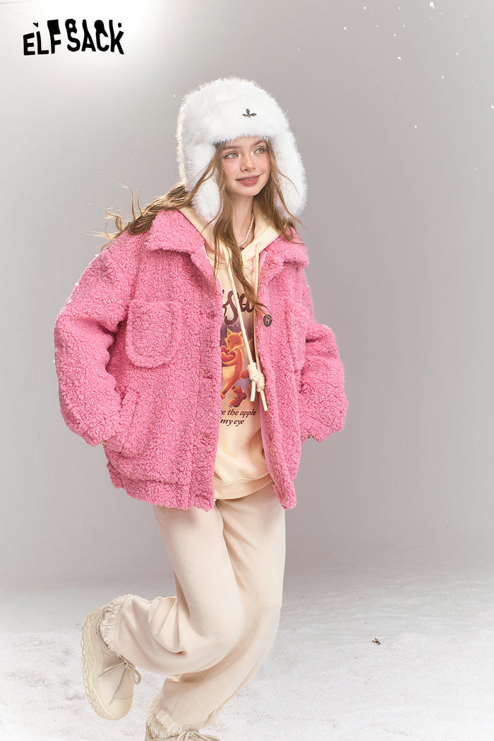 ELFSACK Sweet khaki imitation plush short thick warm jacket