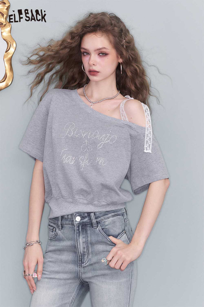 ELFSACK Sweet Lace Strap One-Shoulder Top