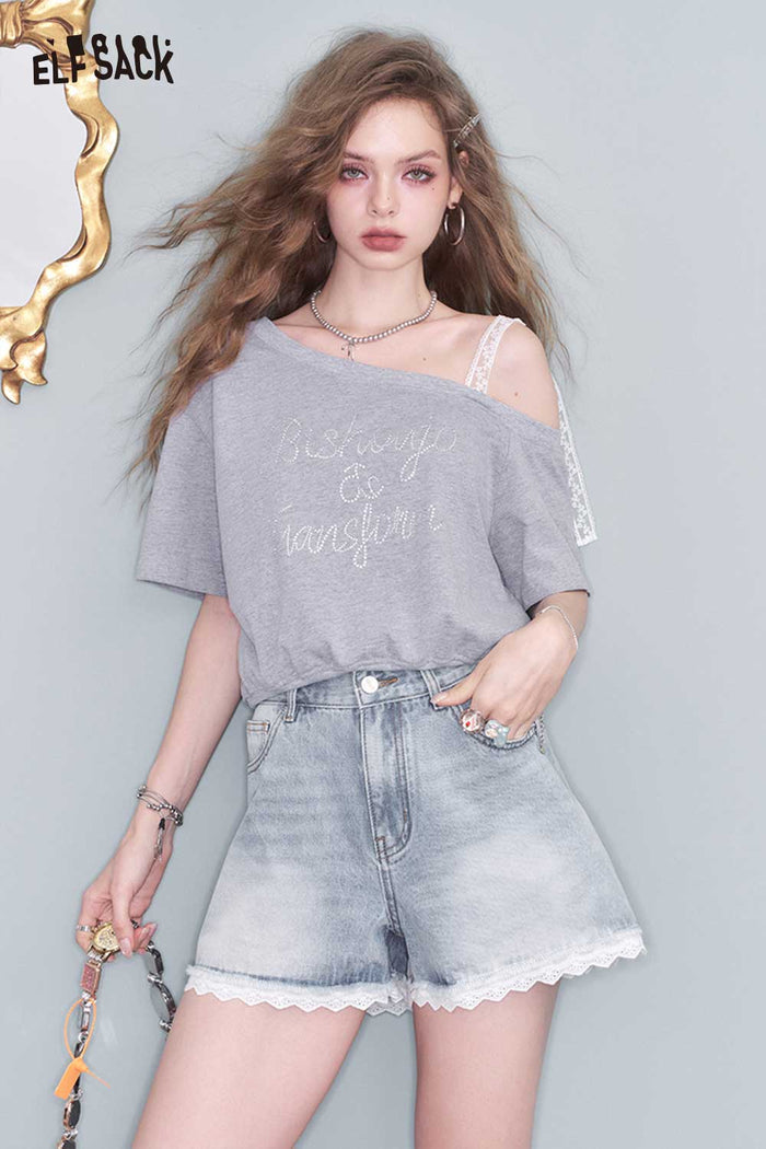 ELFSACK Sweet Lace Strap One-Shoulder Top