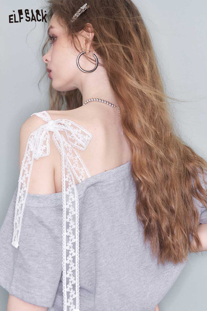 ELFSACK Sweet Lace Strap One-Shoulder Top